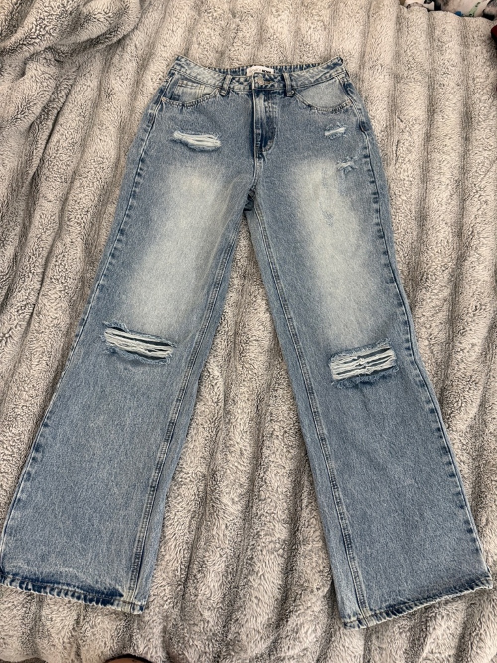 Fashion Nova Light Blue Distressed Wide-Leg Jeans